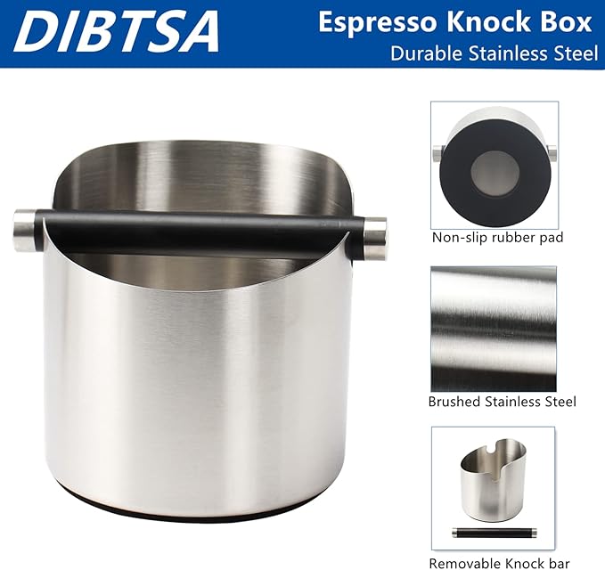 Coffee Knock Box, Espresso Knock Box Stainless Steel Espresso Machine Accessories with Removable Knock Bar and Non-Slip Base Coffee Grounds Container Bin, Large (Silver)