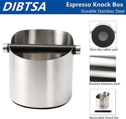 Coffee Knock Box, Espresso Knock Box Stainless Steel Espresso Machine Accessories with Removable Knock Bar and Non-Slip Base Coffee Grounds Container Bin, Large (Silver)