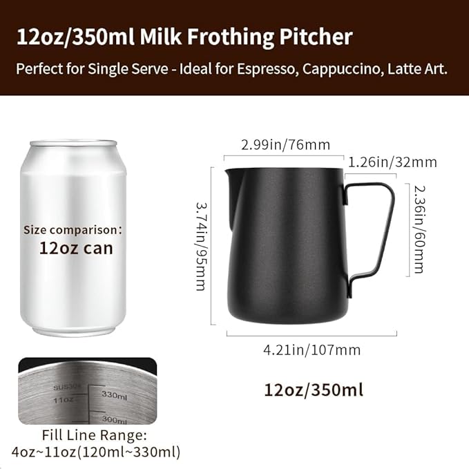 watchget Milk Frothing Pitcher 350ml/600ml/900ml/1500ml (12oz/20oz/32oz/52oz) - Stainless Steel Espresso Steaming Pitcher for Cappuccino, Latte Art, Milk Jug Coffee Frother Cup, Black