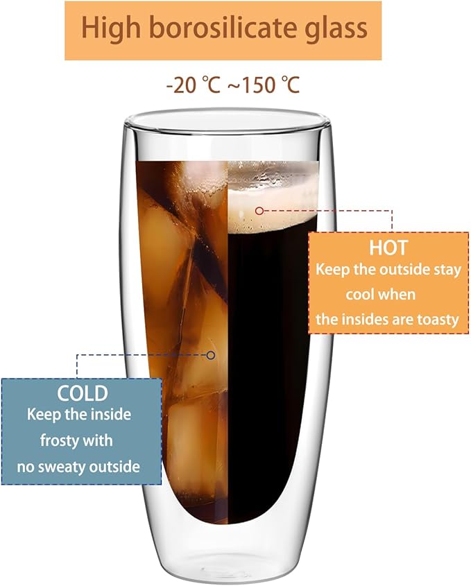 18.5oz Glass Coffee Mugs Set of 2, Double Walled Espresso Cups for Latte Cappuccino Cocoa Milk Cafe Juice, Clear Glass Tea Cup Set Glassware Gift for Christmas Birthday (18.5oz-2Pack)