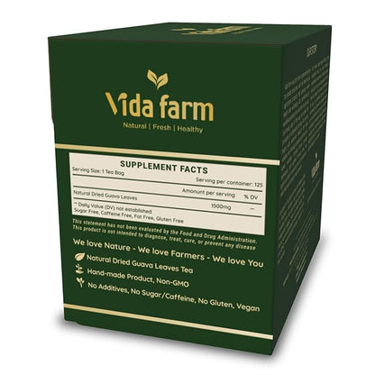 VIDA FARM 125 Premium Guava Leaf Tea Bags, Zero Sugar Tea, Handpicked, 100% Pure and Natural Guava Leaves, Non-GMO, No Caffeine, Gluten-Free, Vegan