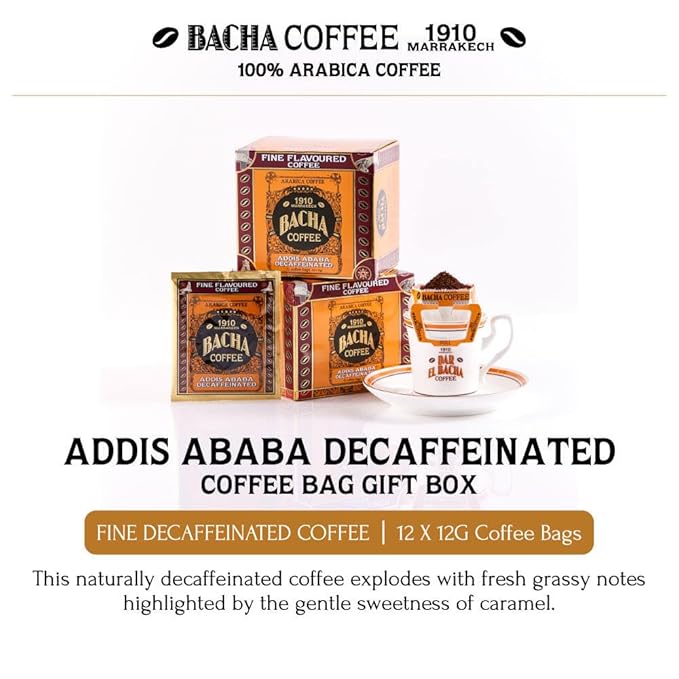 Bacha Coffee | Addis Ababa Decaffeinated Fine Flavoured, 100% Arabica Specialty Coffee Beans, Medium Roast, x12 Individually Wrapped Single Serve Filter Bags