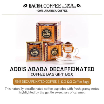 Bacha Coffee | Addis Ababa Decaffeinated Fine Flavoured, 100% Arabica Specialty Coffee Beans, Medium Roast, x12 Individually Wrapped Single Serve Filter Bags