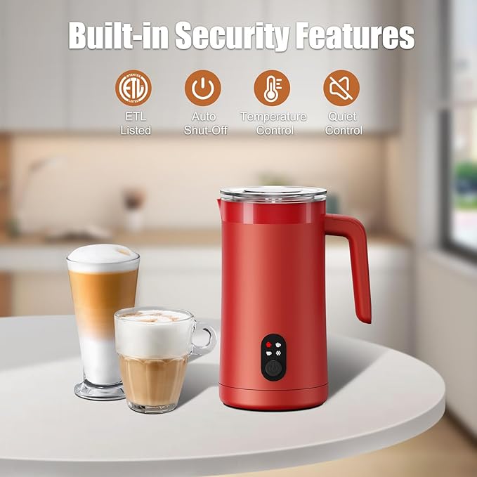 Milk Frother, 4-in-1 Milk Frother and Steamer, 13.5oz/400ml Automatic Hot and Cold Foam Maker and Milk Warmer, Electric Frother for Coffee, Latte, Cappuccino, Macchiato, Matcha(Red)