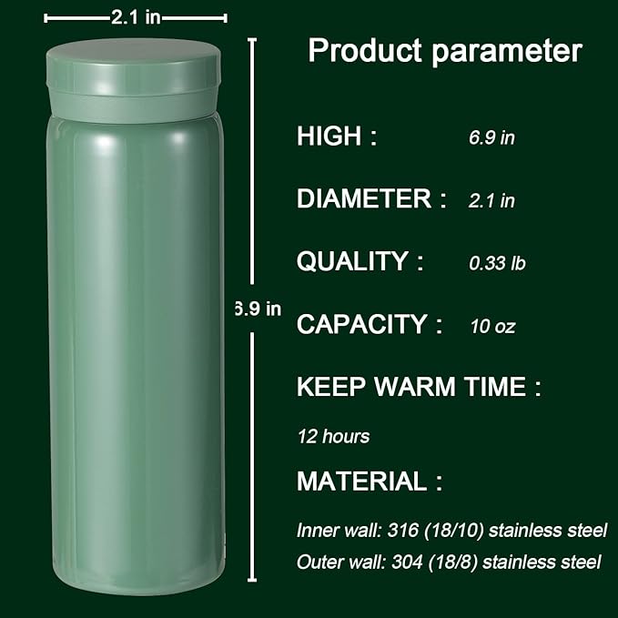 10oz Mini Water Bottle Stainless Steel Thermos Small Flask - Insulated Vacuum, Leak Proof, Keeps Drinks Hot/Cold - Ideal for Coffee, Tea, Water - Green