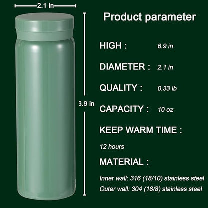 10oz Mini Water Bottle Stainless Steel Thermos Small Flask - Insulated Vacuum, Leak Proof, Keeps Drinks Hot/Cold - Ideal for Coffee, Tea, Water - Green