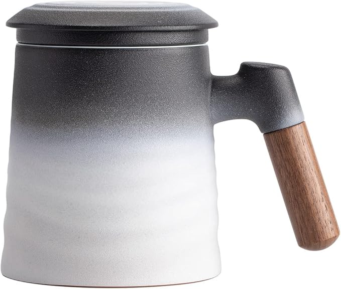 ZENS Tea Cup with Infuser and Lid, Wood Handle Loose Steeper Mug, 12 Ounces Matte Gradient Embossed Ceramic Stainer Mug for Tea Gifts, Black & White