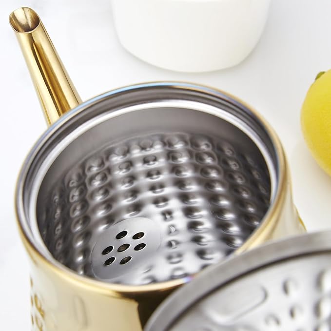 SANQIAHOME 1.8L(60oz) Stainless Steel Hammer Patterned Teapot With Removeable Infuser,Loose leaf cover,Gold