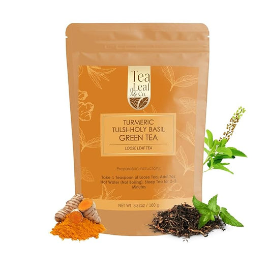 Tealeaf & Co. Turmeric Tulsi Holy Basil Green Tea Loose Leaf - Turmeric, Tulsi & Peppermint Tea Blended with Fresh Herbs & Spices - 50 Servings, Low Caffeine & Gluten Free (3.52oz/100gm)