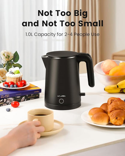 Electric Kettle Stainless Steel, 1.0L Small Water Boiler 1200W Fast Boiling, Double Wall Tea Kettle Pot Automatic Shut Off, Durable Coffee & Tea Maker/Warmer/Heater Black