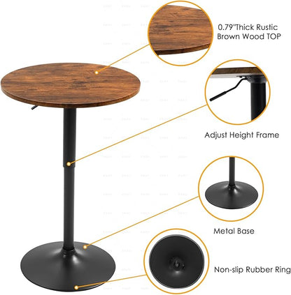 23.6" Round Bar Table, Adjustable Height Modern Cocktail Table with MDF Top and Metal Base, Bistro Pub Table Suitable for Cafe, Kitchen Island, Bar Counter, Brown