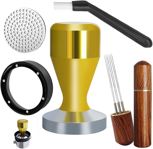 51mm Espresso Tamper Set, 5PCS Coffee Tamper Kit with WDT Tool, Coffee Stirrer, Dosing Funnel, Puck Screen 51mm Espresso Accessories Tampers Kit (Gold)