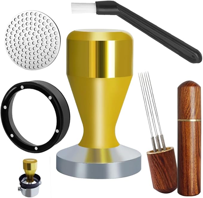 51mm Espresso Tamper Set, 5PCS Coffee Tamper Kit with WDT Tool, Coffee Stirrer, Dosing Funnel, Puck Screen 51mm Espresso Accessories Tampers Kit (Gold)