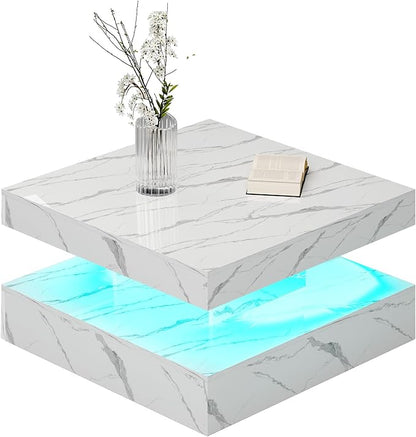 White Marble LED Coffee Table for Living Room, Living Room Table 2-Tier Square Middle Center Table, Modern Coffee Tables with Storage, Contemporary Wood Tea Tables for Dining Reception