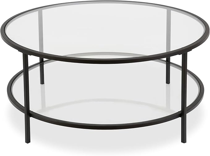 Henn&Hart 36" Round Coffee Table with Glass Top and Glass Open Storage Shelf for Living Room, Family Room, Office, or Apartment, Blackened Bronze