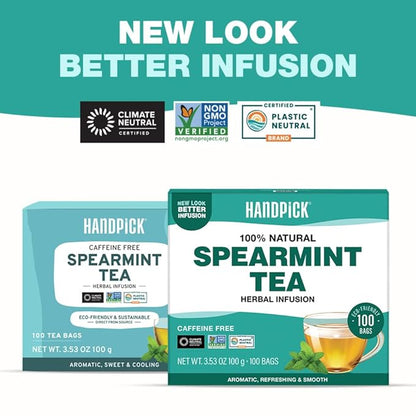 HANDPICK, Spearmint Tea Bags for PCOS relief (100 Herbal Tea Bags) |Refreshing Mint Tea | Non-GMO | Round Eco-Conscious Teabags