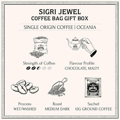 Bacha Coffee | Sigri Jewel Papua New Guinea Single Origin, 100% Arabica Specialty Coffee Beans, Medium Dark Roast, x12 Individually Wrapped Single Serve Filter Bags