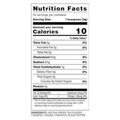 Ancient Roots Turmeric Matcha Mix - With Cinnamon, Ginger, and Black Pepper - All-Natural, Low-Calorie, Powdered Tea Mix, Sugar-Free 3.5 oz. Turmeric (33 servings)