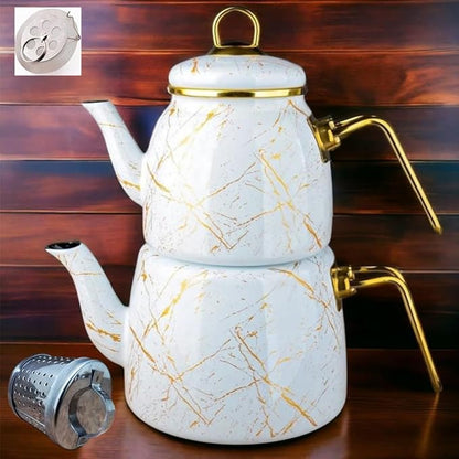 Vintage Turkish Teapot Tea Pots Kettle Set for Stovetop Stove Top Decorative Infuser Party Cups Glasses Floral Unique Boiler Samovar Strainer Loose Leaf Kitchen Style Enamel Decor (White-Gold)