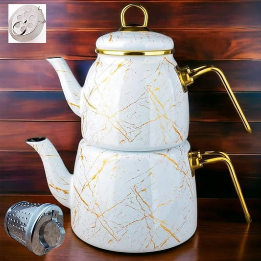 Vintage Turkish Teapot Tea Pots Kettle Set for Stovetop Stove Top Decorative Infuser Party Cups Glasses Floral Unique Boiler Samovar Strainer Loose Leaf Kitchen Style Enamel Decor (White-Gold)