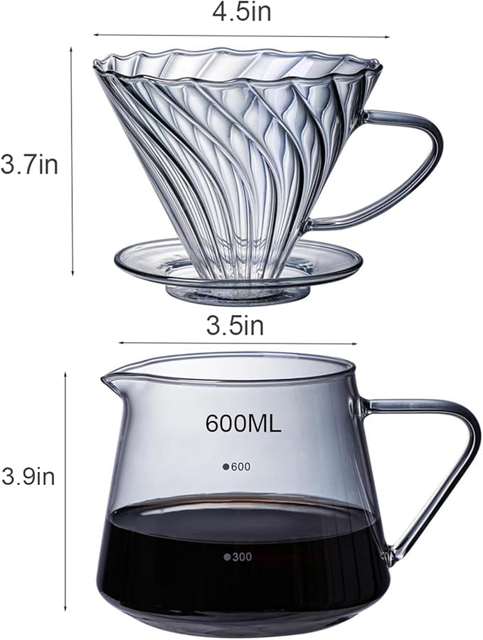 Pour Over Coffee Maker Set, 600ML Glass Carafe Coffee Server with Dripper Set, V60 Glass Coffee Filter for Home Office Gift, 1-4 Cups (Grey)
