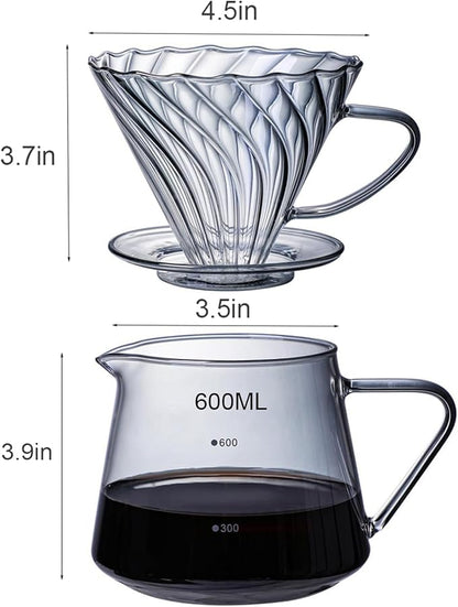 Pour Over Coffee Maker Set, 600ML Glass Carafe Coffee Server with Dripper Set, V60 Glass Coffee Filter for Home Office Gift, 1-4 Cups (Grey)