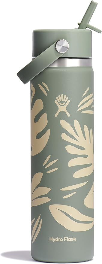 Hydro Flask Water Bottle - Insulated Stainless Steel - Wide Mouth Flex Straw Lid, Non Spill, Leakproof and Refillable in 24 Oz Botanical Bliss Agave