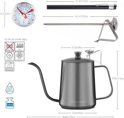 Easyworkz Gage Gooseneck Pour Over Coffee Kettle 20 oz with Thermometer Stainless Steel Hand Drip Coffee Pot With Long Narrow Spout