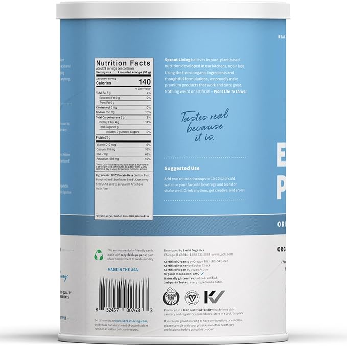 Sprout Living Plant Based Protein & Superfoods Powder, Original, Unflavored | Organic Protein Powder, Vegan, Non Dairy, Non-GMO, Gluten Free, Sugar Free, Perfect Keto Drink Mix (2 lb)