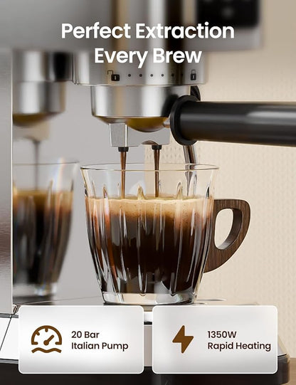 topzee Espresso Machine 20 Bar, Compact Coffee Maker with Milk Frother & Cold Brew Function, 52oz Removable Water Tank, Stainless Steel Cappuccino, Latte Maker, Silver