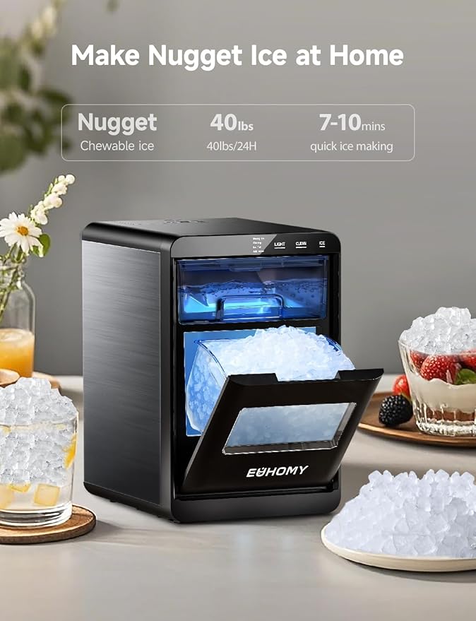EUHOMY Nugget Ice Maker Countertop, 40Lbs/24H Pebble Ice Maker Machine, Self-Cleaning Countertop Sonic Ice Makers with Ice Scoop&Basket, Pellet Ice Maker Machine for Home/Kitchen/Office