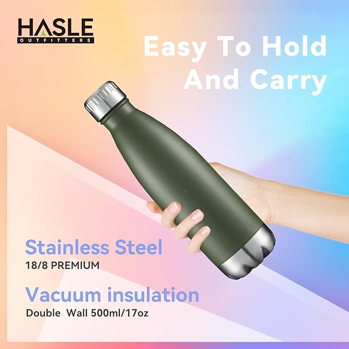 HASLE OUTFITTERS 17oz Stainless Steel Water Bottles Bulk, Vacuum Insulated Double Walled Powder Coated Reusable Metal Sports Water Bottles Keep Drinks Hot and Cold, ArmyGreen, 8Packs