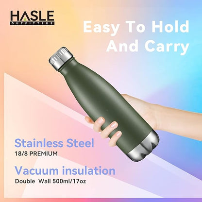 HASLE OUTFITTERS 17oz Stainless Steel Water Bottles Bulk, Vacuum Insulated Water Bottles Double Walled Powder Coated Reusable Metal Sports Water Bottles Keep Drinks Hot and Cold, ArmyGreen, 4Packs