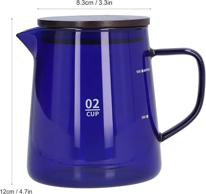 Glass Coffee Server, 500ml Coffee Pour over Carafe Pour over Coffee Pot Coffee Glass Pot with Wooden Lid for Home Office(Blue)