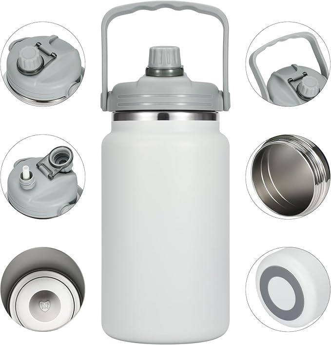 1 Gallon Thermosflask with Straw, 135oz Stainless Steel Insulated Water Bottle，4L Oversized Double Wall Vacuum Jug with Handle for Hot Cold Drinks, Wide mouth Icebuckets for Hiking Sports(White)