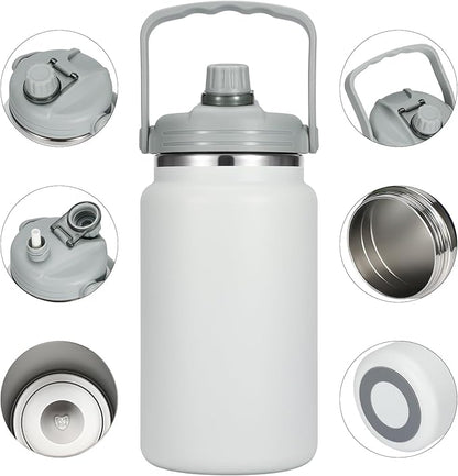 1 Gallon Thermosflask with Straw, 135oz Stainless Steel Insulated Water Bottle，4L Oversized Double Wall Vacuum Jug with Handle for Hot Cold Drinks, Wide mouth Icebuckets for Hiking Sports(White)
