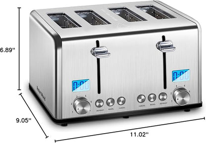Roter Mond Countdown Stainless Steel 4 Slice Toaster with Bagel, Defrost, Cancel Function, Dual Toaster, Extra Wide Slots, 6 Shade Settings, Removable Crumb Trays, 1650W