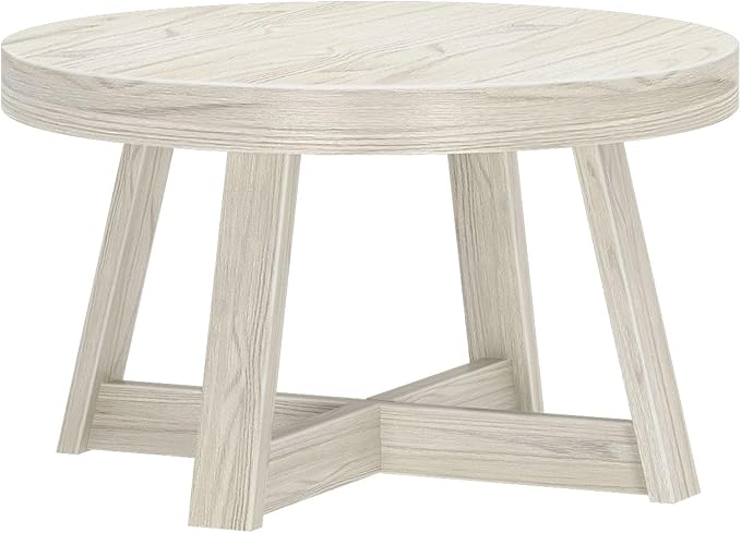 Plank+Beam Classic Round Coffee Table, 30 Inch Farmhouse Coffee Table, Mini Center Tables for Small Spaces, Small Living Space Tea Table, White Sand Wirebrush
