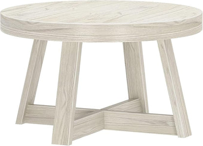 Plank+Beam Classic Round Coffee Table, 30 Inch Farmhouse Coffee Table, Mini Center Tables for Small Spaces, Small Living Space Tea Table, White Sand Wirebrush