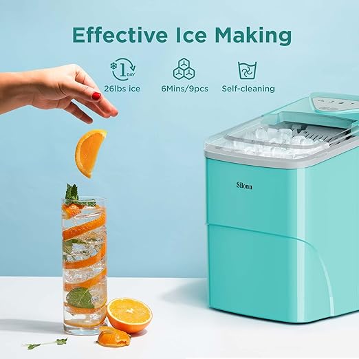 Silonn Ice Makers Countertop, 9 Cubes Ready in 6 Mins, 26lbs in 24Hrs, Self-Cleaning Ice Machine with Ice Scoop and Basket, 2 Sizes of Bullet Ice for Home Kitchen Office Bar Party, Green
