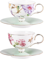 Load image into Gallery viewer, KAMMAK Ceramic Coffee Cups Saucers Set of 2, Porcelain Espresso Cups with Saucers, 7.44 oz Handcrafted Elegant Bone China Tea Cups, Passionflower &amp; Crabapple Blossom Teacup for Party, Women Gift