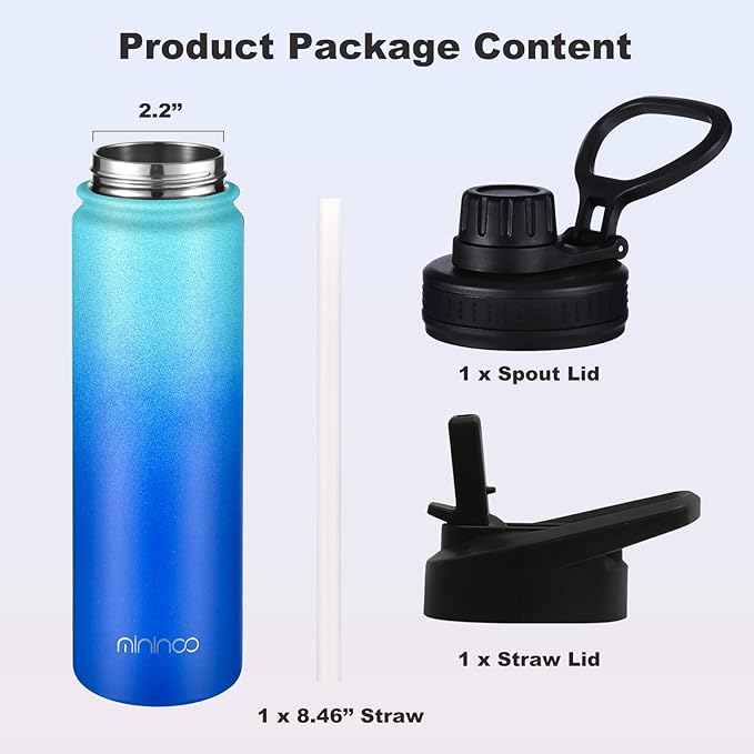 mininoo 24 oz Insulated Water Bottle with Straw Lid, Stainless Steel Double Wall Vacuum, Leak Proof, BPA Free, Keep Cold for 24H & Hot for 12H(Pacific Dream)