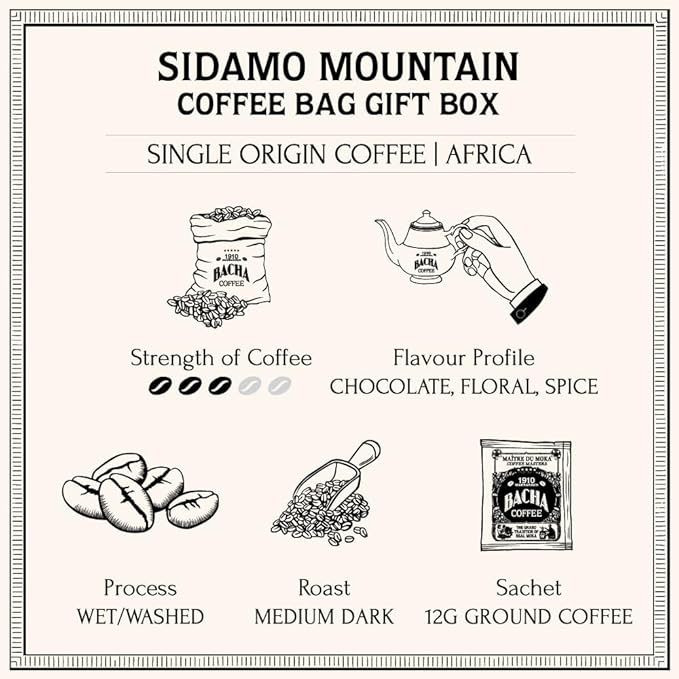 Bacha Coffee | Sidamo Mountain Ethiopia Single Origin, 100% Arabica Specialty Coffee Beans, Medium Dark Roast, x12 Individually Wrapped Single Serve Filter Bags