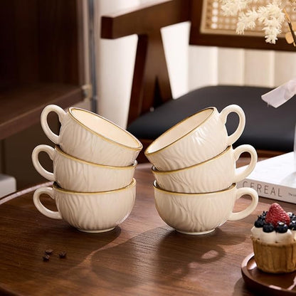 Set of 6 Vintage Design 12 oz Professional Barista Ceramic Latte Art Cappuccino Cups Set (Wave Beige)