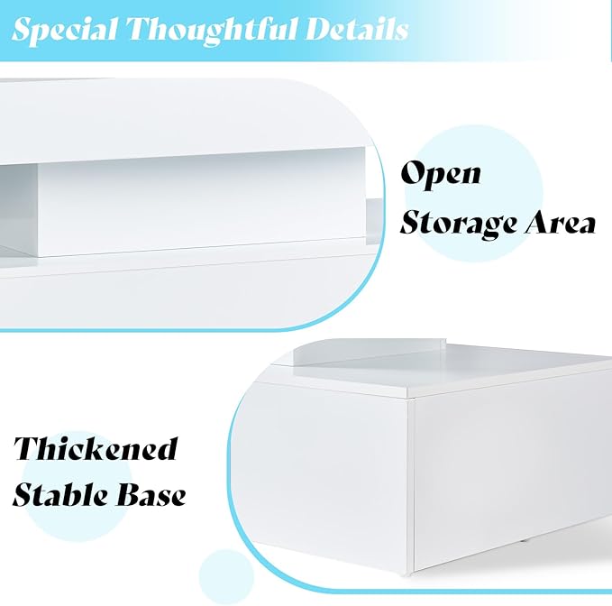 AMERLIFE High Gloss LED Coffee Table, Modern 2-Tier Center Table with LED Lights, Open Storage Space, 40in Simple Rectangular Sofa Side Table for Living Room, White