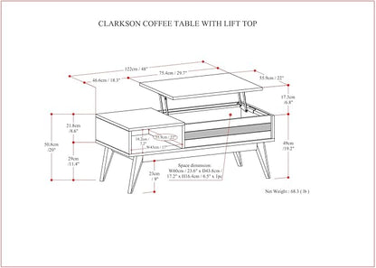 SIMPLIHOME Clarkson Lift Top Coffee Table - 48 inch Wide Solid Acacia Wood Mid-Century Cocktail Table in Rustic Natural Aged Brown, Stylish Living Room Table with Storage Compartment and Open Shelf