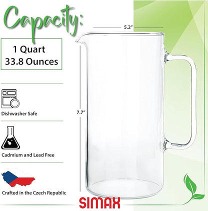Simax Glass Pitcher, 32 Ounce (1 Quart) Borosilicate Glass, Hot and Cold Safe Iced Tea Pitchers for Drinks, Made in Europe Glass Water Pitcher, Cocktail Jug, Lemonade, Sangria