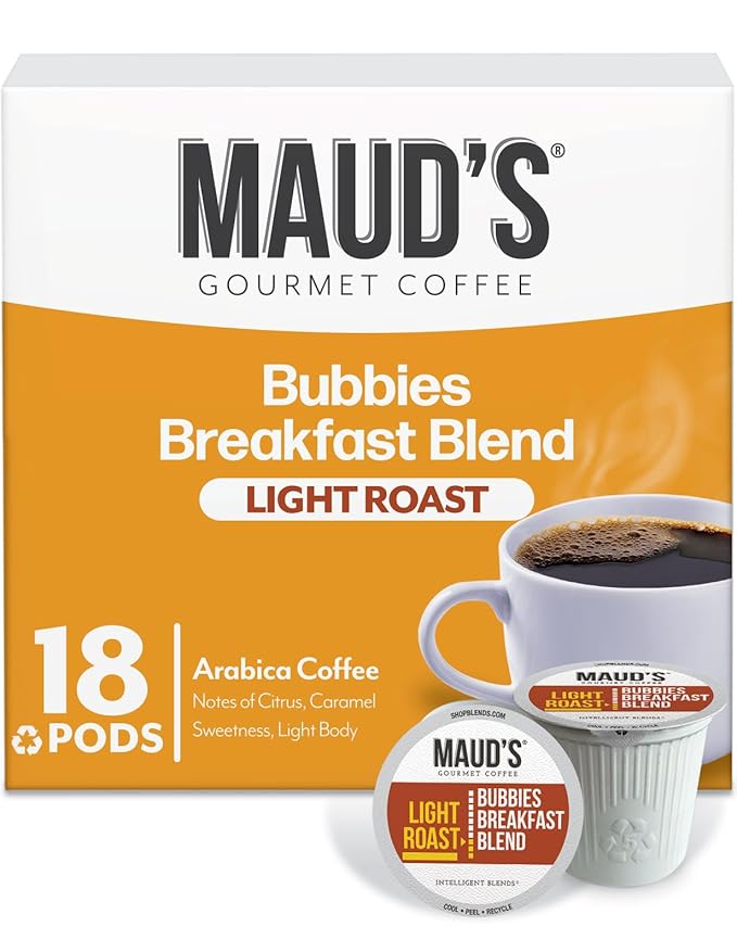 Maud's Breakfast Blend Coffee Pods, 18 ct, Light Roast Coffee in Recyclable Single Serve Pods – 100% Arabica Beans, Compatible with Keurig K Cups Maker