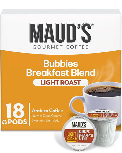 Maud's Breakfast Blend Coffee Pods, 18 ct, Light Roast Coffee in Recyclable Single Serve Pods – 100% Arabica Beans, Compatible with Keurig K Cups Maker