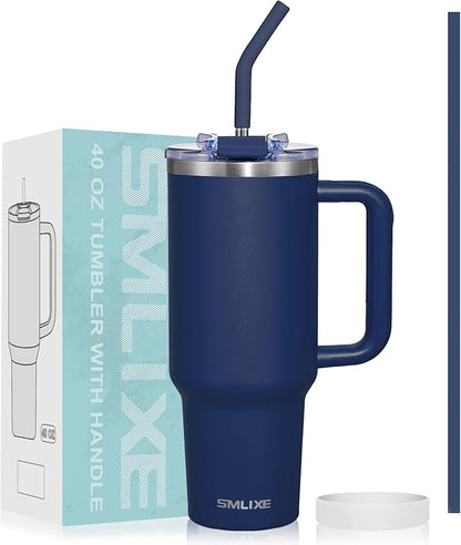 40 oz Tumbler with Handle and Straw Lid,Insulated Reusable Stainless Steel Water Bottle Travel Mug，Cupholder Friendly Double Wall Vacuum Sealed Cup (Navy)